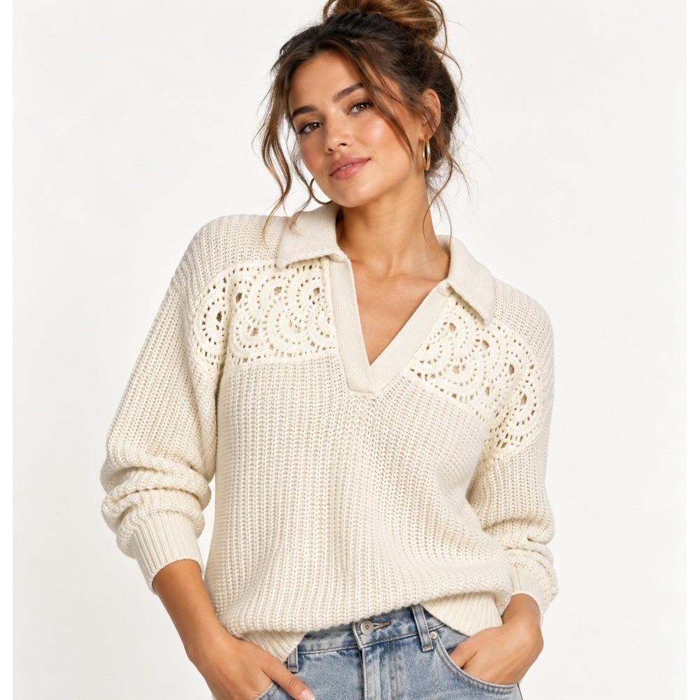 Daniel Rainn White Placed Crochet Collared Sweater Petite Medium NWT